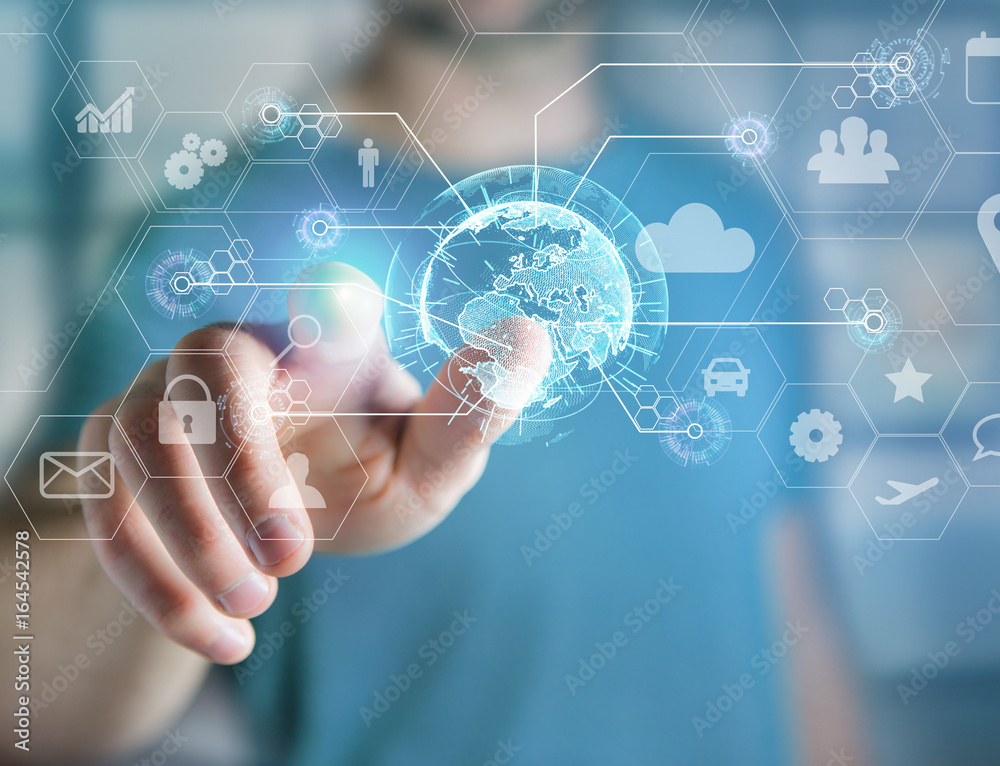 International business network connection displayed on a futuristic interface with technology icon and sphere globe - Worldwide business concept International business network connection displayed on a futuristic interface with technology icon and sphere globe - Worldwide business concept