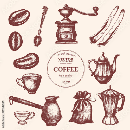 Coffee vintage collection. Coffee hand drawn elements. Background restaurant or cafe menu Vintage coffee and pastry illustration