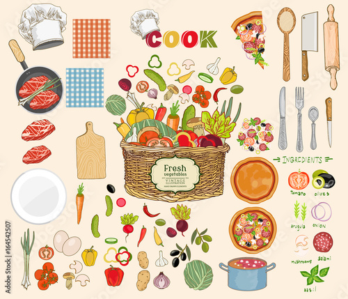 Food collection. Food ingredients collection fresh vegetables cooking utensils