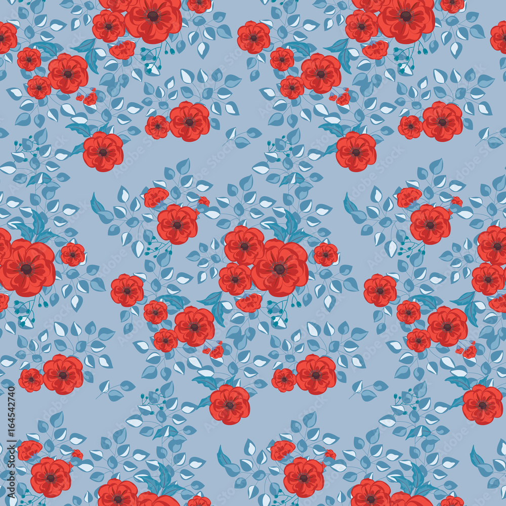 Seamless floral pattern. Background in small red flowers on a blue  background for textiles, fabric, cotton fabric, covers, wallpaper, print,  gift wrap, postcard, scrapbooking. Stock Vector | Adobe Stock