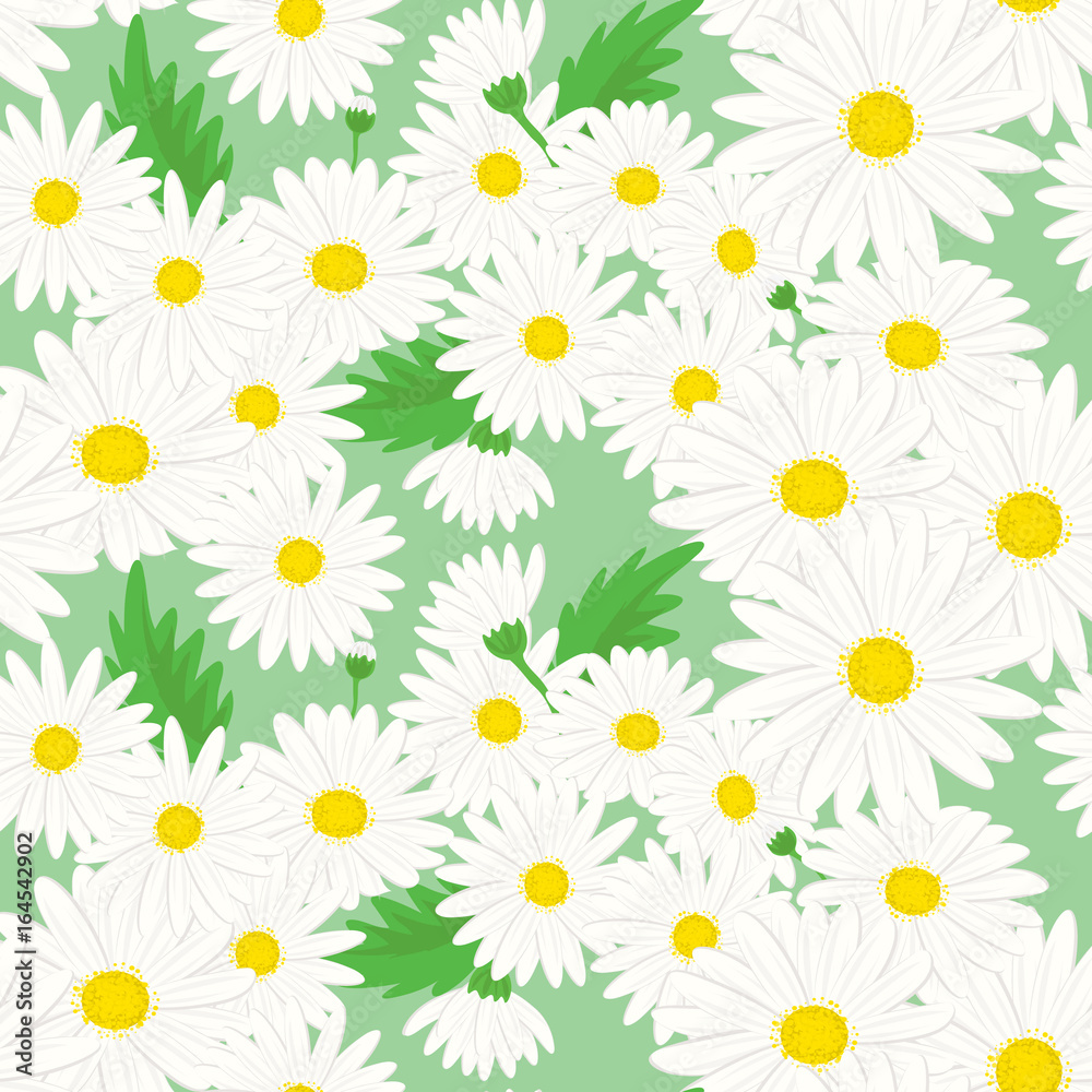 Seamless floral pattern. Background in small white daisy flowers on a green background for textiles, fabric, cotton fabric, cover, wallpaper, stamp, gift wrap, postcard, scrapbooking. Seamless floral pattern. Background in small white daisy flowers on a green background for textiles, fabric, cotton fabric, cover, wallpaper, stamp, gift wrap, postcard, scrapbooking.