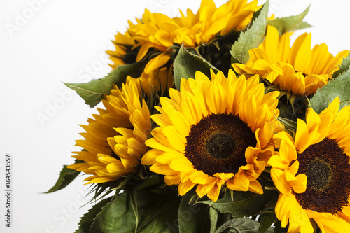 Fototapeta Naklejka Na Ścianę i Meble -  Bright sunflowers bouquet on white background, close up