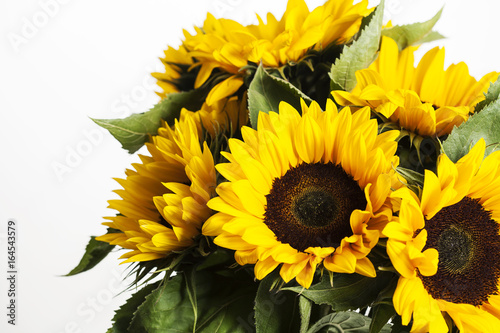 Fototapeta Naklejka Na Ścianę i Meble -  Bright sunflowers bouquet on white background, close up