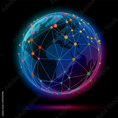 Global network, wires connecting colorful dots over earth, eps10 vector