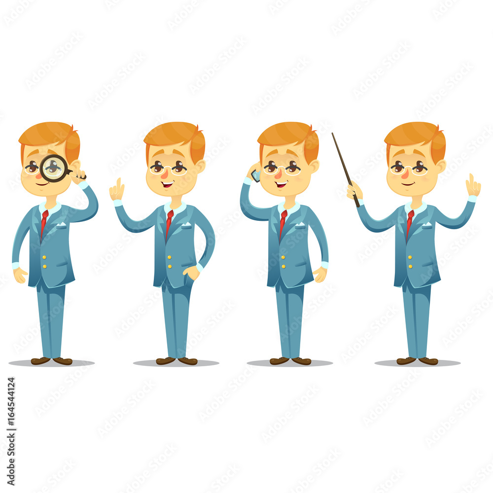 Vector illustration - funny cartoon guy with glasses in various poses handsome young businessman