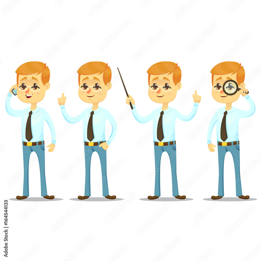 Vector illustration - funny cartoon guy with glasses in various poses handsome young businessman Vector illustration - funny cartoon guy with glasses in various poses handsome young businessman