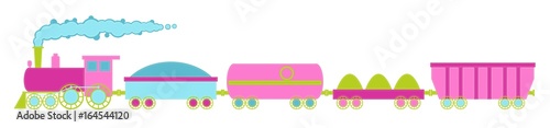 The locomotive and four cars, pink colors with decorative stitching on the loop