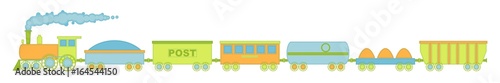 The locomotive and six cars, spring colors with decorative stitching on the loop