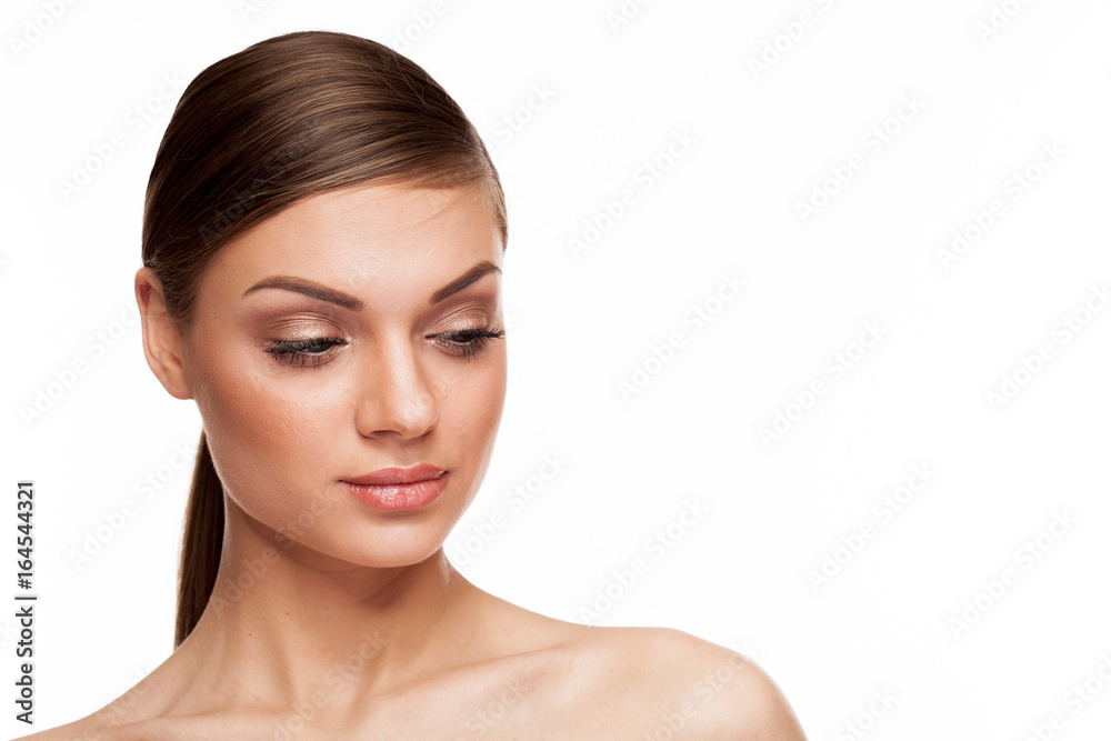 Beautiful model with natural make-up on white background. Studio photo Beautiful model with natural make-up on white background. Studio photo
