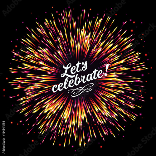 A flash of fireworks on a dark background. A bright burst of festive lights. Congratulation. Glare of light and flickering particles. Template for registration of cards, invitations. Vector.