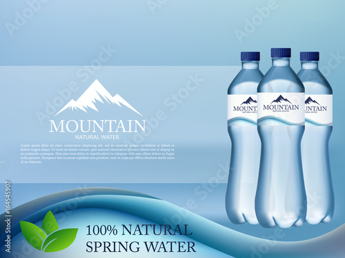 Photo Realistic Mineral water in plastic bottle advertising in editable vector format. 3d illustration