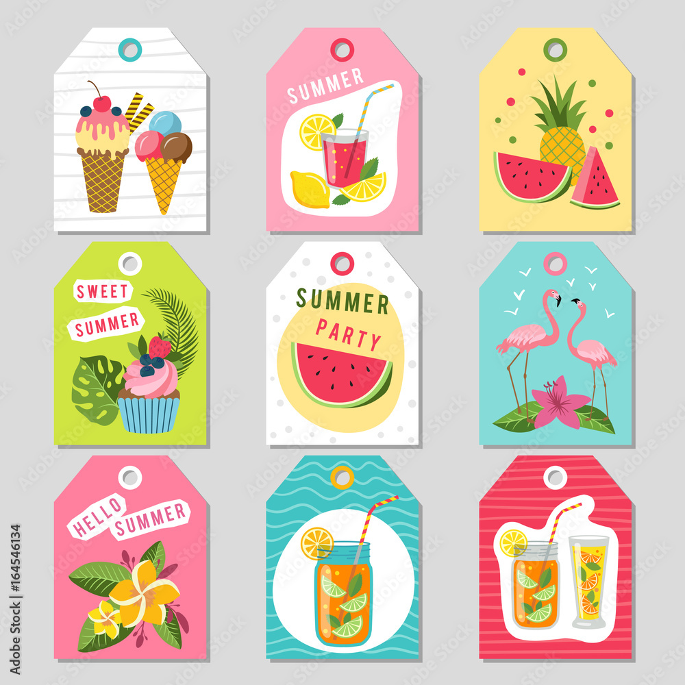 Gift tags with summer tropical decoration. Illustrations of watermelon, lemonade, strawberry and other fruits