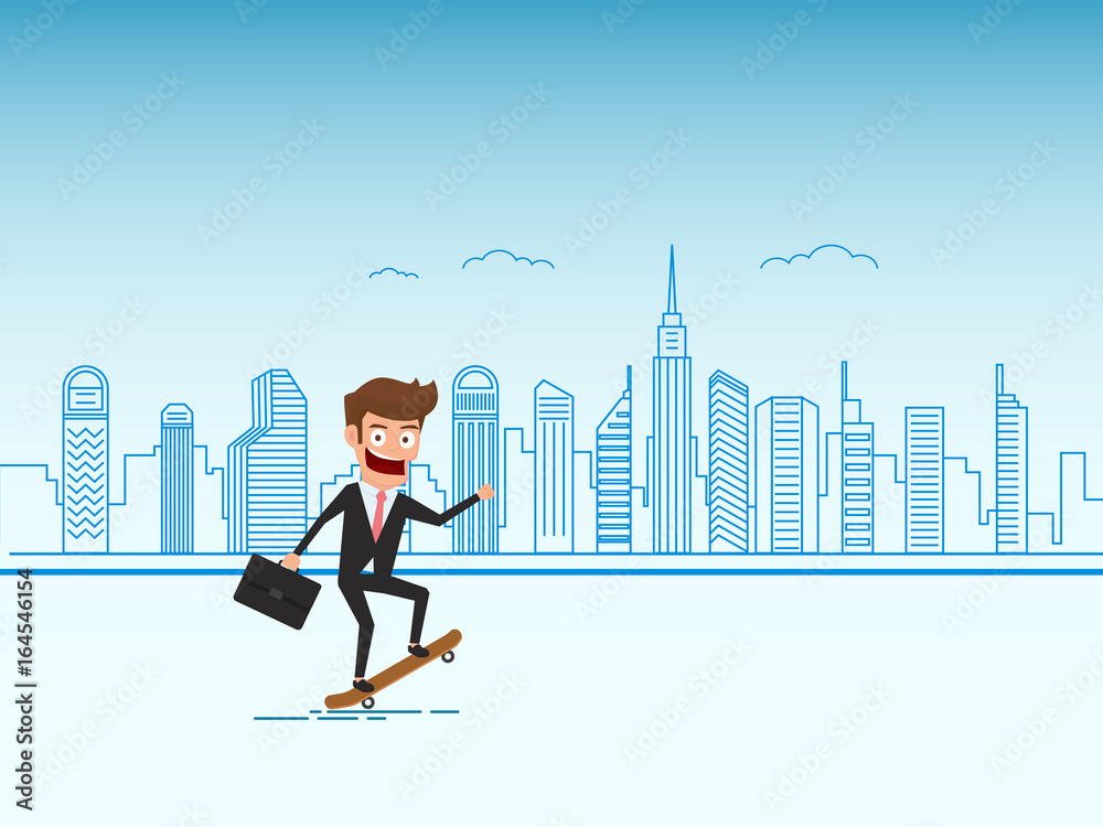 Businessman on skateboard with briefcase. Businessman on skateboard with briefcase.