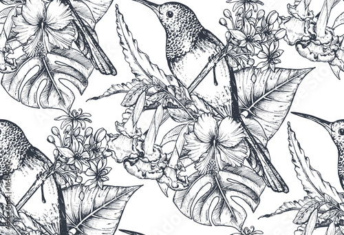 Vector seamless pattern with compositions of hand drawn tropical flowers and exotic birds