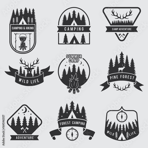 Outdoor camping labels set. Explorer monochrome badges. Adventure vector illustration. Black silhouette of forest, deer and tent