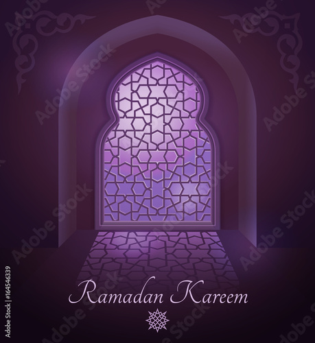 Arabic frames on traditional islamic door and window with ornament. Glossy moon on vector background