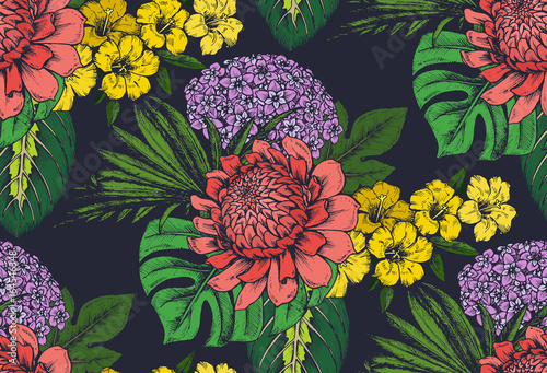 Vector seamless pattern with compositions of hand drawn tropical flowers