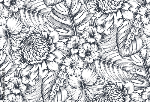 Vector seamless pattern with compositions of hand drawn tropical flowers and plants.