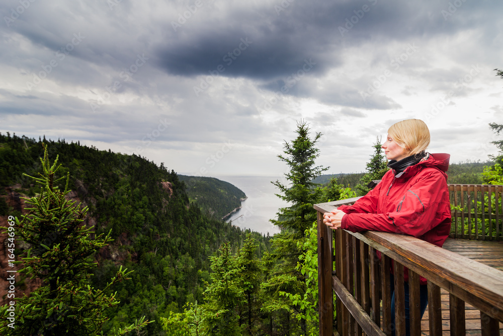 Naklejka premium Young Woman Looking at the Amazing Nature from an Observation Tower