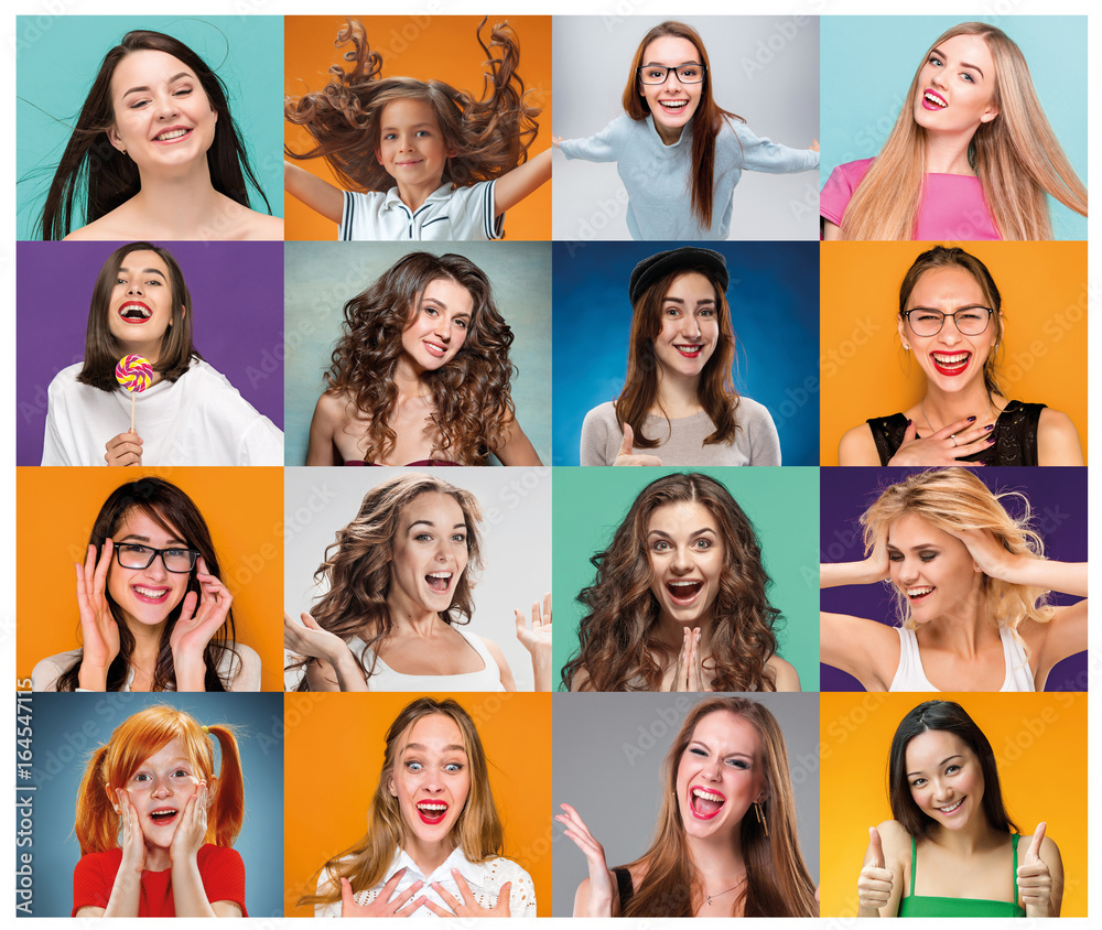 The collage from portraits of women with smiling facial expression The collage from portraits of women with smiling facial expression