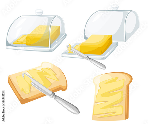 knife spreading butter or margarine on slice of toast bread and bar of butter, flat design vector Web site page and mobile app design