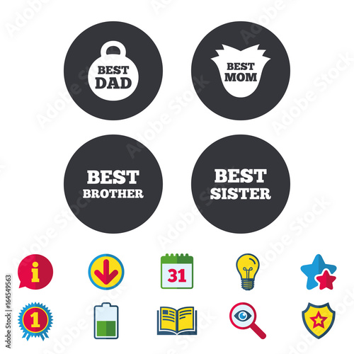 Best mom and dad, brother and sister icons. Weight and flower signs. Award symbols. Calendar, Information and Download signs. Stars, Award and Book icons. Light bulb, Shield and Search. Vector