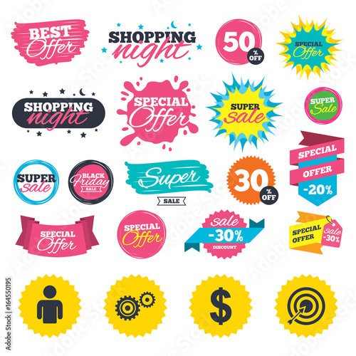 Sale shopping banners. Business icons. Human silhouette and aim targer with arrow signs. Dollar currency and gear symbols. Web badges, splash and stickers. Best offer. Vector