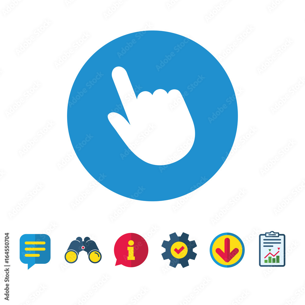 Click pointer icon. Hand with finger cursor sign symbol. Information, Report and Speech bubble signs. Binoculars, Service and Download icons. Vector Click pointer icon. Hand with finger cursor sign symbol. Information, Report and Speech bubble signs. Binoculars, Service and Download icons. Vector