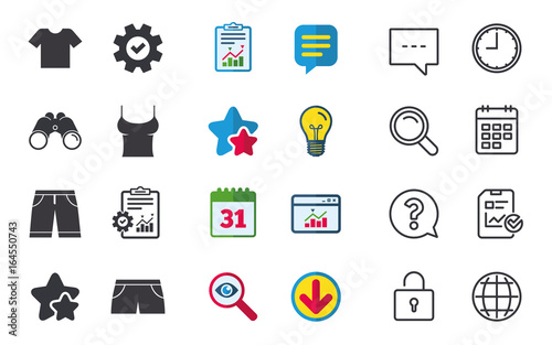 Clothes icons. T-shirt and bermuda shorts signs. Swimming trunks symbol. Chat, Report and Calendar signs. Stars, Statistics and Download icons. Question, Clock and Globe. Vector