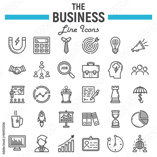 Business line icon set, finance symbols collection, office vector sketches, logo illustrations, seo linear pictograms package isolated on white background, eps 10.