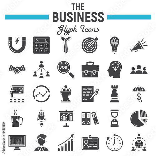 Business solid icon set, finance symbols collection, office vector sketches, logo illustrations, seo glyph pictograms package isolated on white background, eps 10.