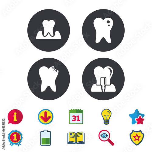 Dental care icons. Caries tooth sign. Tooth endosseous implant symbol. Parodontosis gingivitis sign. Calendar, Information and Download signs. Stars, Award and Book icons. Vector