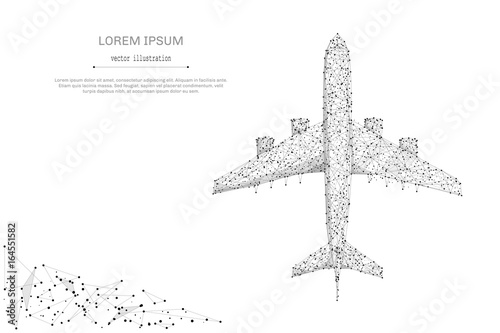 Abstract mash line and point airliner top view on white background with an inscription. Starry sky or space, consisting of stars and the universe. Vector business illustration