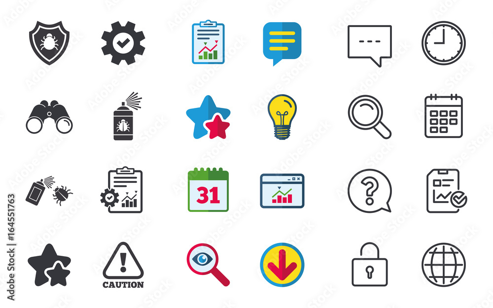 Bug disinfection icons. Caution attention and shield symbols. Insect fumigation spray sign. Chat, Report and Calendar signs. Stars, Statistics and Download icons. Question, Clock and Globe. Vector