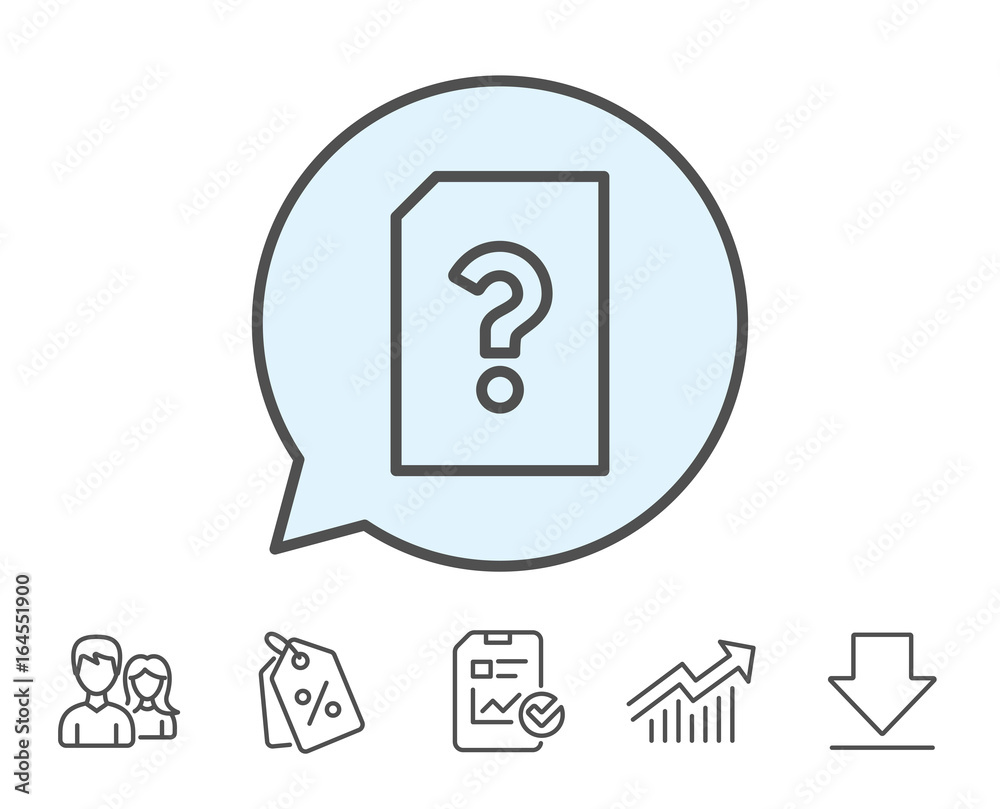 Unknown Document line icon. File with Question mark sign. Untitled Paper page concept symbol. Report, Sale Coupons and Chart line signs. Download, Group icons. Editable stroke. Vector Unknown Document line icon. File with Question mark sign. Untitled Paper page concept symbol. Report, Sale Coupons and Chart line signs. Download, Group icons. Editable stroke. Vector