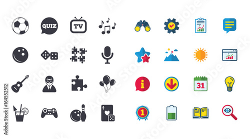 Set of Games, Entertainment and Services icons. Football, Bowling and Puzzle signs. Casino, Carnival and Music symbols. Calendar, Report and Browser window signs. Stars, Service and Download icons