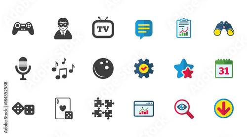 Entertainment icons. Game, bowling and puzzle signs. Casino, carnival and musical note symbols. Calendar, Report and Download signs. Stars, Service and Search icons. Statistics, Binoculars and Chat