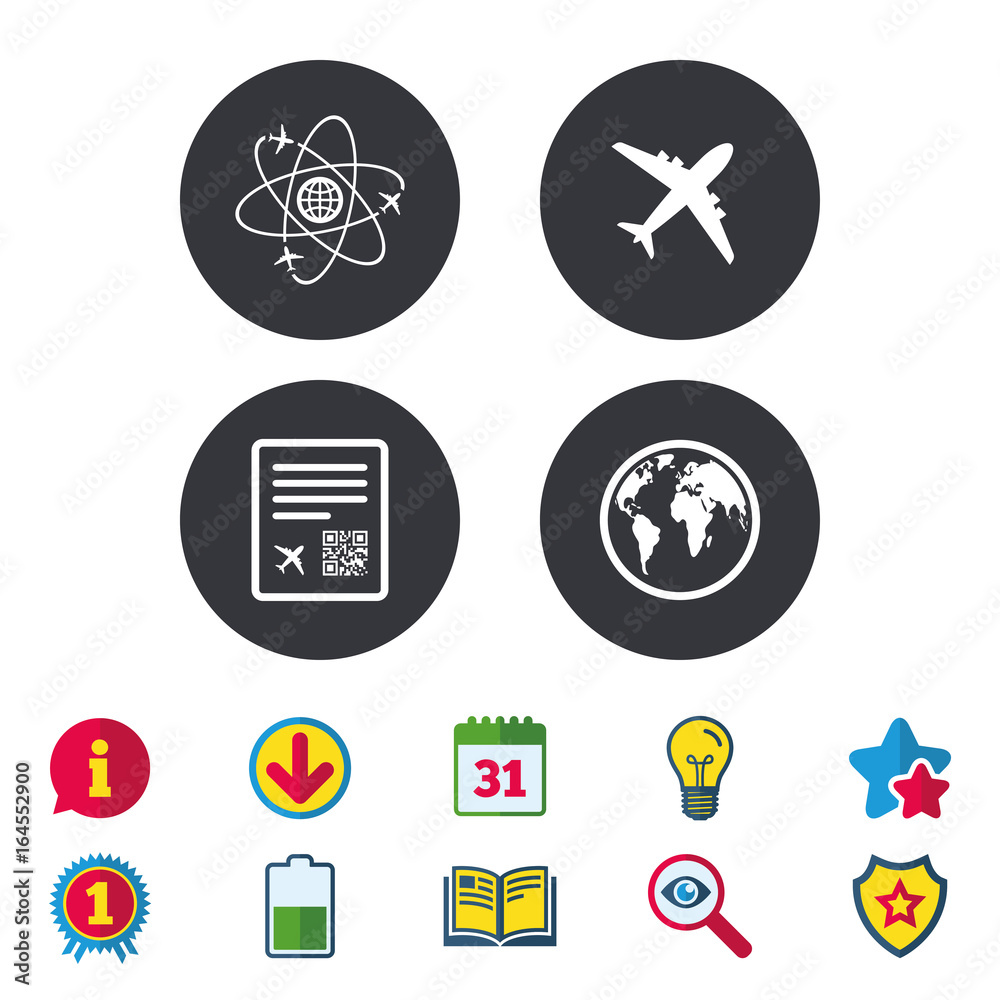 Airplane icons. World globe symbol. Boarding pass flight sign. Airport ticket with QR code. Calendar, Information and Download signs. Stars, Award and Book icons. Light bulb, Shield and Search. Vector Airplane icons. World globe symbol. Boarding pass flight sign. Airport ticket with QR code. Calendar, Information and Download signs. Stars, Award and Book icons. Light bulb, Shield and Search. Vector