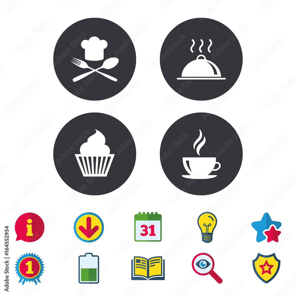 Food and drink icons. Muffin cupcake symbol. Fork and spoon with Chef hat sign. Hot coffee cup. Food platter serving. Calendar, Information and Download signs. Stars, Award and Book icons. Vector