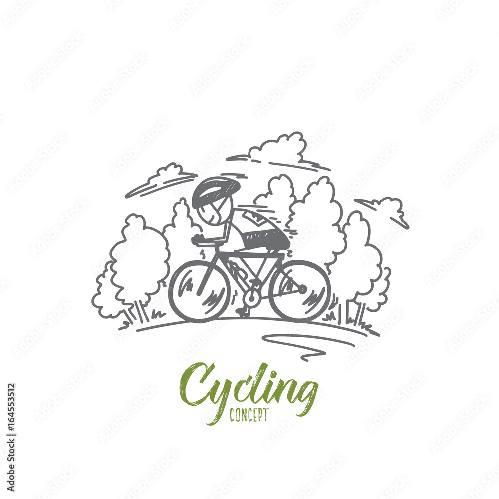 Cycling concept. Hand drawn man cycling road bike. Cyclist moving on bike isolated vector illustration.