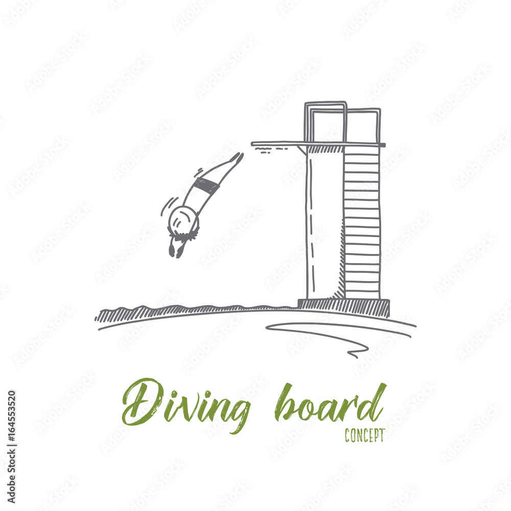 Diving board concept. Hand drawn person jumping from diving board in pool. Happy diver during