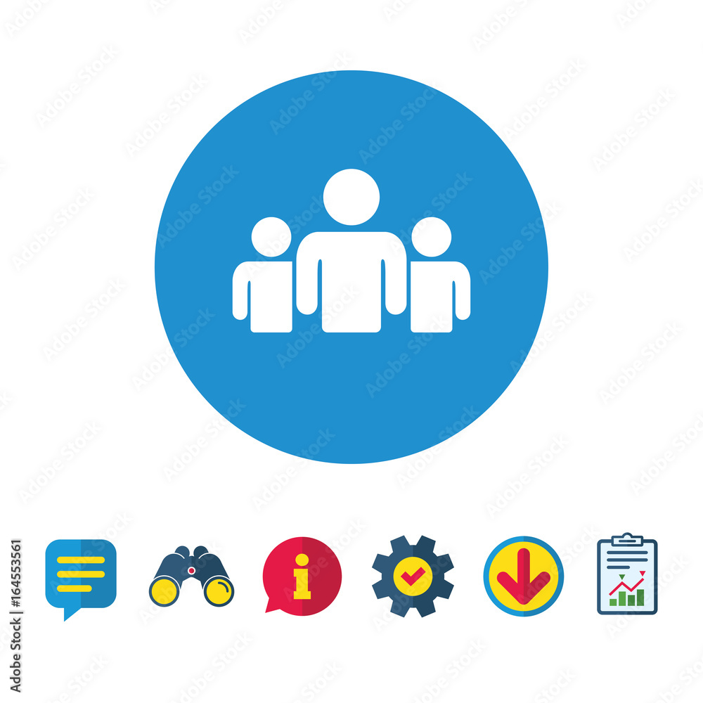 Group of people sign icon. Share symbol. Information, Report and Speech bubble signs. Binoculars, Service and Download icons. Vector Group of people sign icon. Share symbol. Information, Report and Speech bubble signs. Binoculars, Service and Download icons. Vector