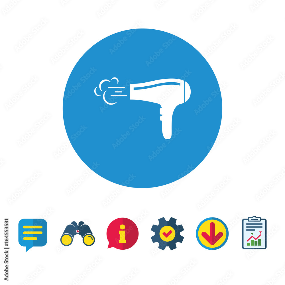 Hairdryer sign icon. Hair drying symbol. Blowing hot air. Turn on. Information, Report and Speech bubble signs. Binoculars, Service and Download icons. Vector Hairdryer sign icon. Hair drying symbol. Blowing hot air. Turn on. Information, Report and Speech bubble signs. Binoculars, Service and Download icons. Vector