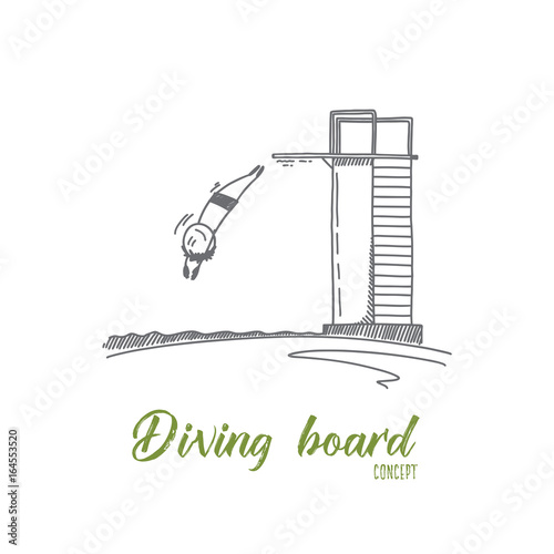 Diving board concept. Hand drawn person jumping from diving board in pool. Happy diver during swimming competition isolated vector illustration.