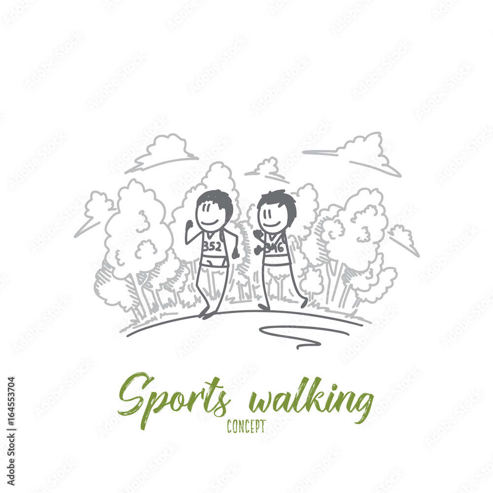 Sports walking concept. Hand drawn two sportsmen on marathon. Sports walking competition isolated vector illustration.