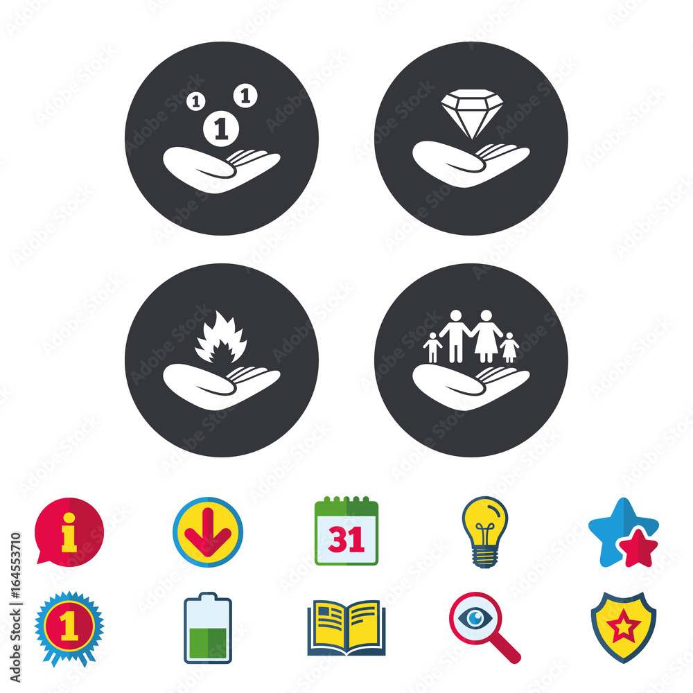 Helping hands icons. Financial money savings, family life insurance symbols. Diamond brilliant sign. Fire protection. Calendar, Information and Download signs. Stars, Award and Book icons. Vector