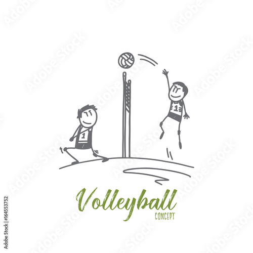 Volleyball concept. Hand drawn professional volleyball players in action on the court. Volleyball game isolated vector illustration.