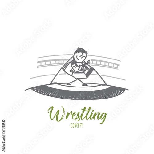 Wrestling concept. Hand drawn two freestyle wrestlers in uniform wrestling on ring. Fight between sportsmen isolated vector illustration.