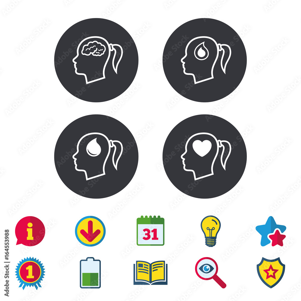 Head with brain icon. Female woman think symbols. Blood drop donation signs. Love heart. Calendar, Information and Download signs. Stars, Award and Book icons. Light bulb, Shield and Search. Vector