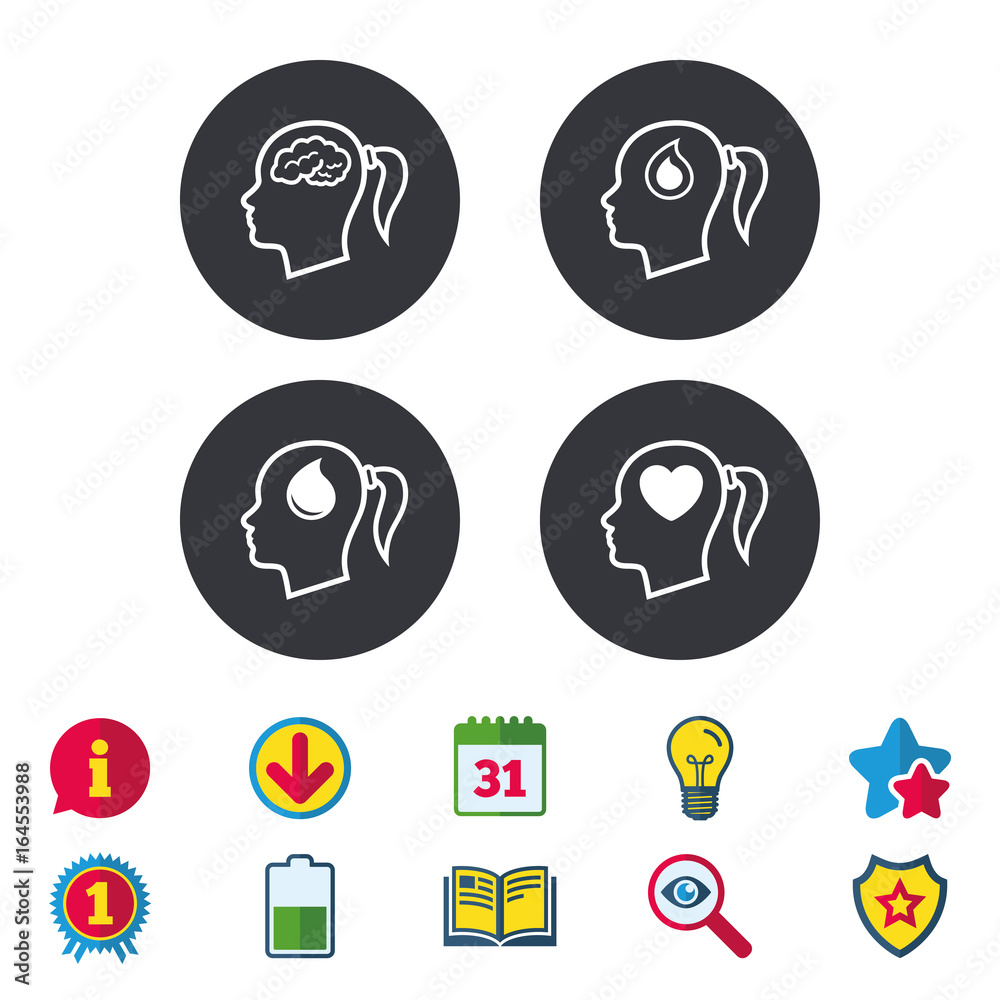 Head with brain icon. Female woman think symbols. Blood drop donation signs. Love heart. Calendar, Information and Download signs. Stars, Award and Book icons. Light bulb, Shield and Search. Vector Head with brain icon. Female woman think symbols. Blood drop donation signs. Love heart. Calendar, Information and Download signs. Stars, Award and Book icons. Light bulb, Shield and Search. Vector